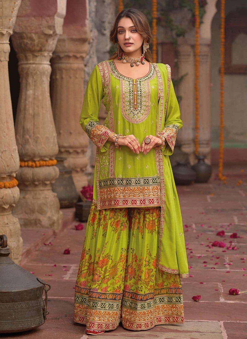 Green Chinon Silk Embroidered Sequins Mirror Work Digital Print Sharara Suit Festive Wear