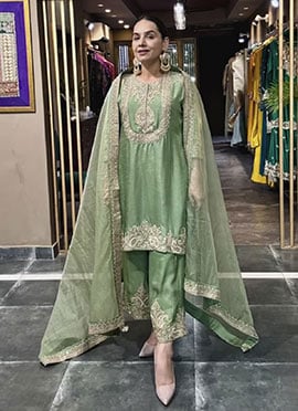 Green Chinon Silk Embroidered Sequins Palazzo Suit