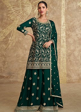 Green Chinon Silk Embroidered Sequins Palazzo Suit Elegant Wear