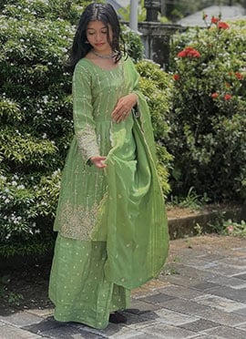 Green Chinon Silk Embroidered Sequins Palazzo Suit