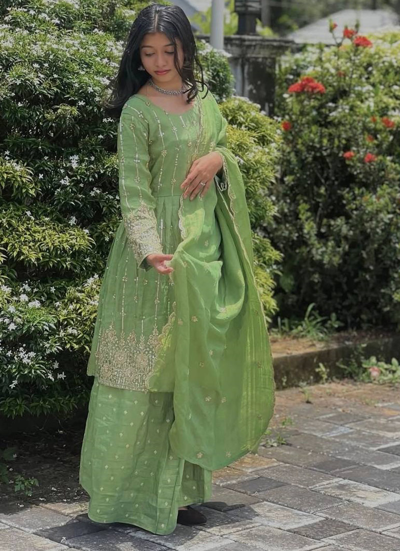 Green Chinon Silk Embroidered Sequins Palazzo Suit Festive Wear