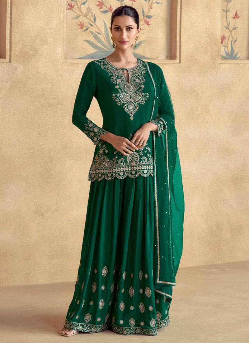 Green Chinon Silk Embroidered Sequins Stunning Palazzo Suit Festive Wear