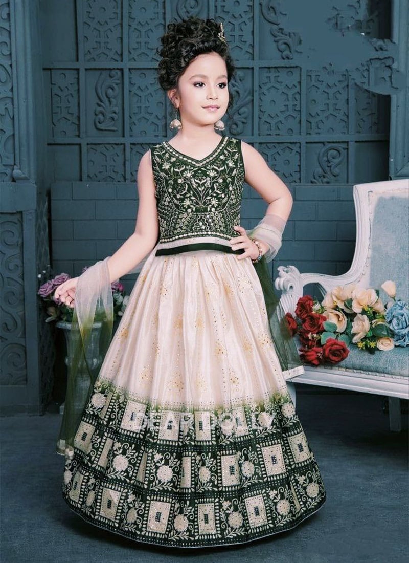 Green Chinon Silk Embroidery Digital Print Lehenga For Kids Girls Festive Wear