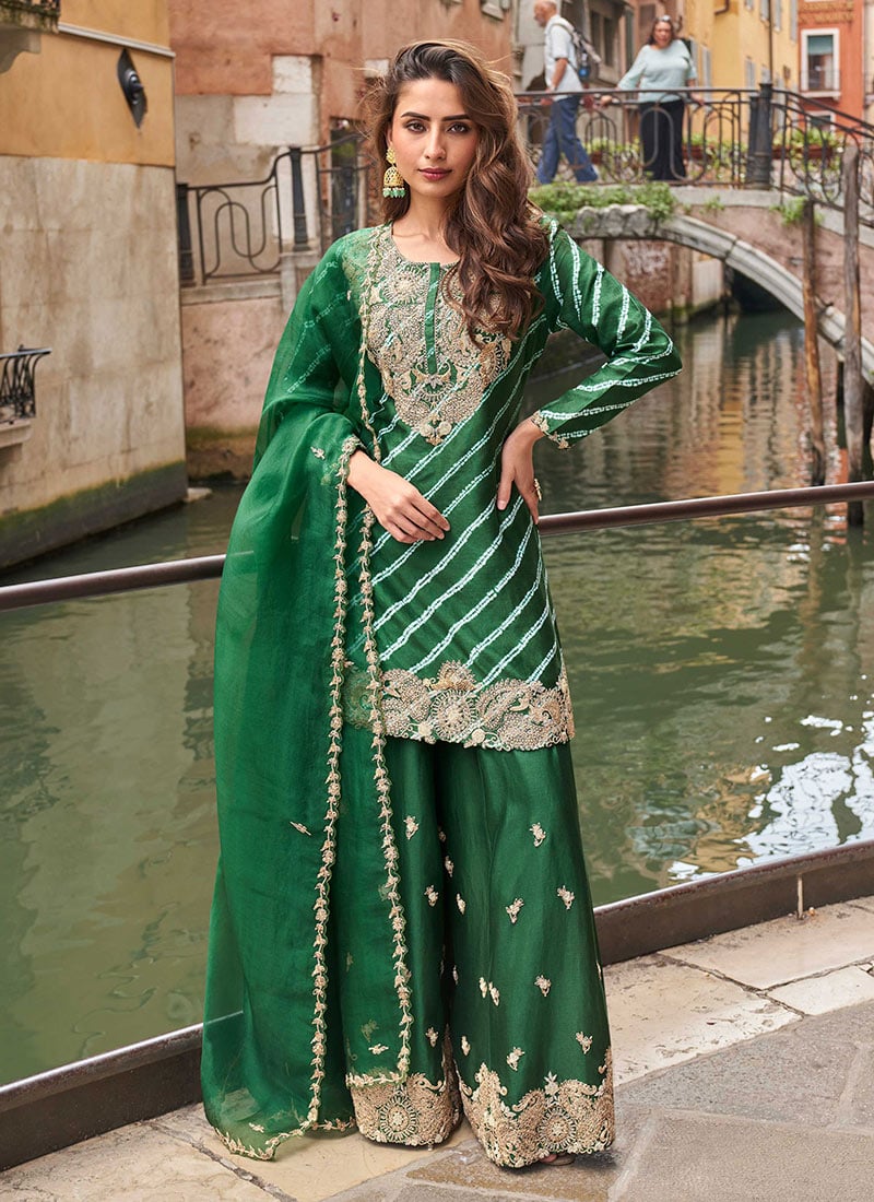 Green Chinon Silk Leheriya Print Sequins Embroidered Pakistani Palazzo Suit Festive Wear
