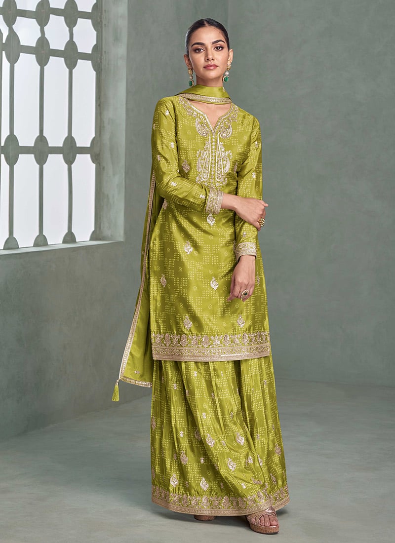 Green Chinon Silk Print Zari Embroidered Sequins Palazzo Suit Festive Wear