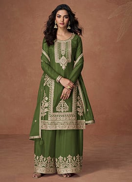 Green Chinon Silk Sequins Embroidered Palazzo Suit