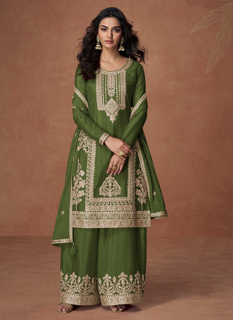 Green Chinon Silk Sequins Embroidered Palazzo Suit