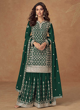 Green Chinon Silk Sequins Embroidered Palazzo Suit