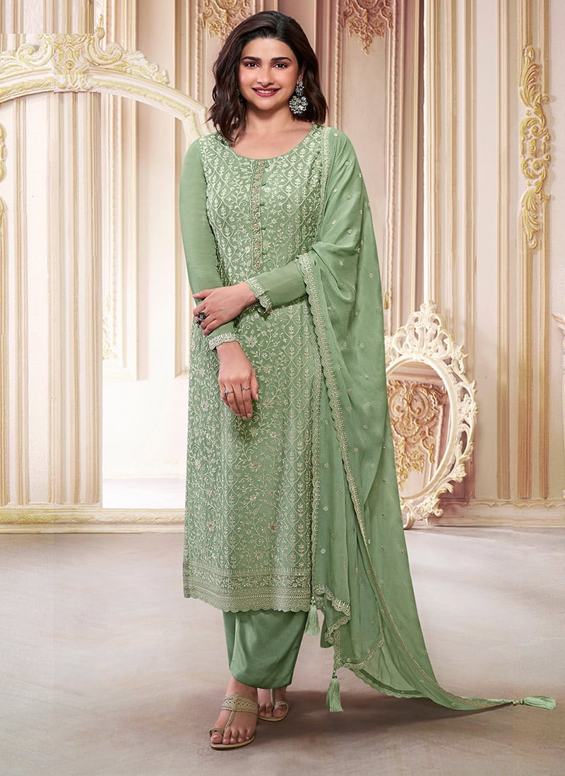 Green Chinon Silk Stone Embroidered Sequins Straight Pant Suit By Prachi Desai Festive Wear