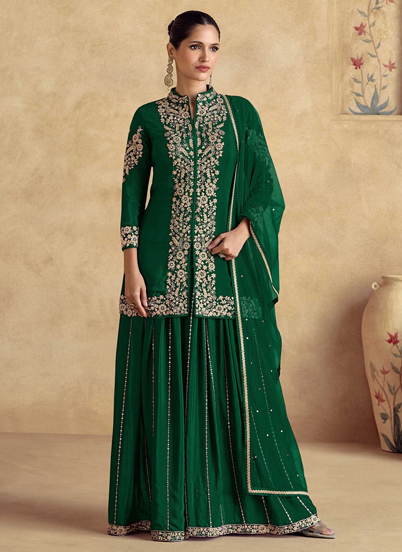 Green Chinon Silk Stones Embroidered Sequins Regal Palazzo Suit