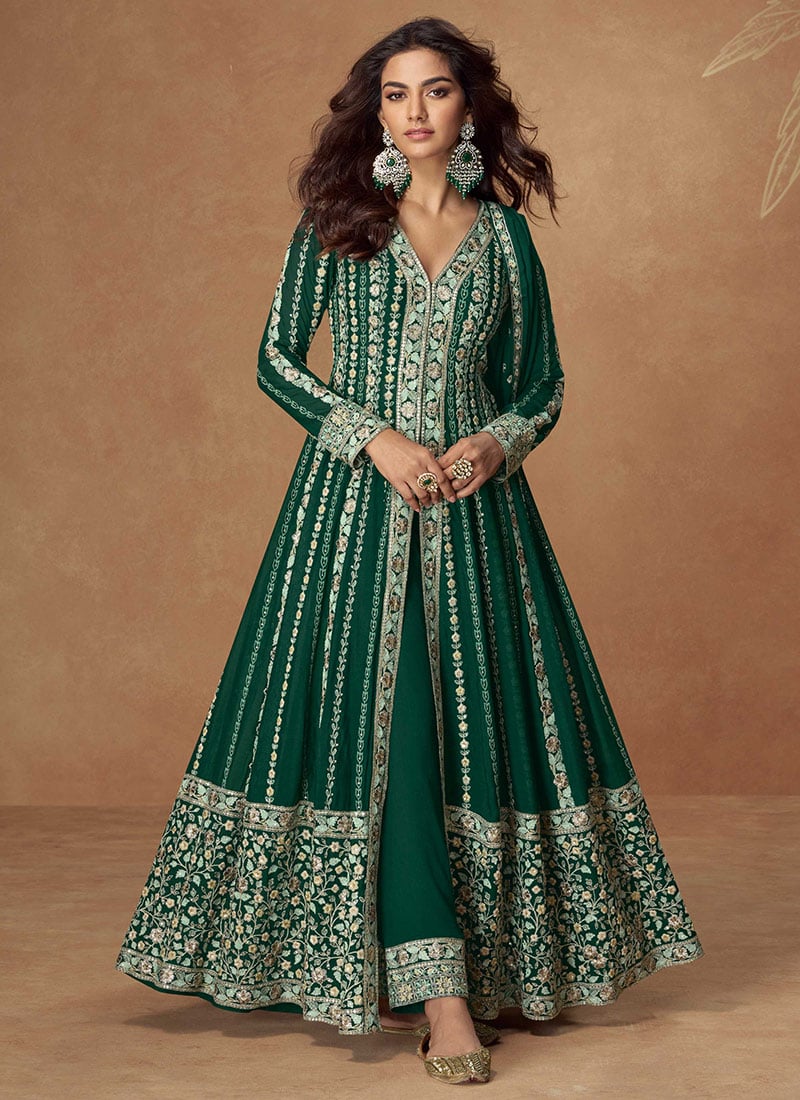 Green Chinon Silk Zari And Thread Embroidered Sequins Anarkali Suit Festive Wear