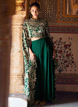 Green Chinon Silk Zari Cut Dana Embroidered Sequins Indowestern Palazzo Suit