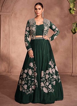 Green Chinon Silk Zari Embroidered Sequins  Indowestern Jacket Lehenga Set