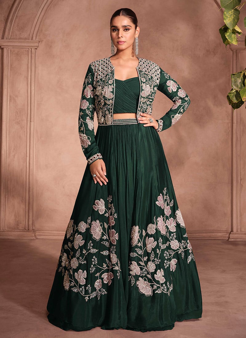 Green Chinon Silk Zari Embroidered Sequins Indowestern Jacket Lehenga Set Wedding Wear