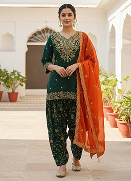 Green Chinon Silk Zari Embroidered Sequins Salwar Suit