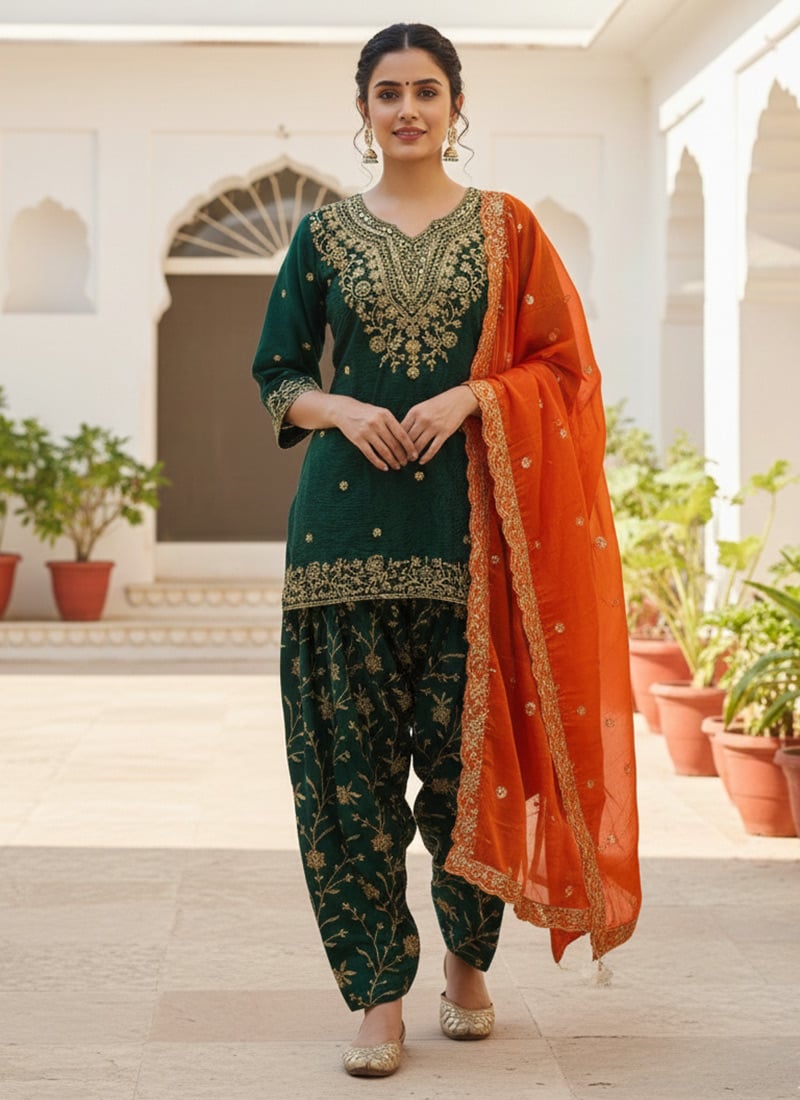 Green Chinon Silk Zari Embroidered Sequins Salwar Suit Festive Wear
