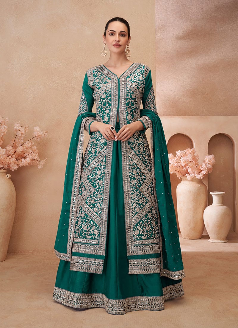 Green Chinon Silk Zari Embroidered Sequins Stone And Beads Work Long Choli Lehenga Wedding Wear