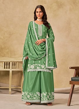 Green Chinon Thread Embroidered Palazzo Suit