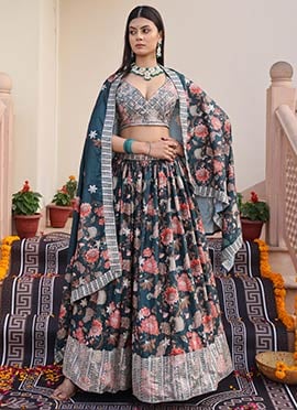 Green Chinon Zari Embroidered Sequins Digital Print Lehenga