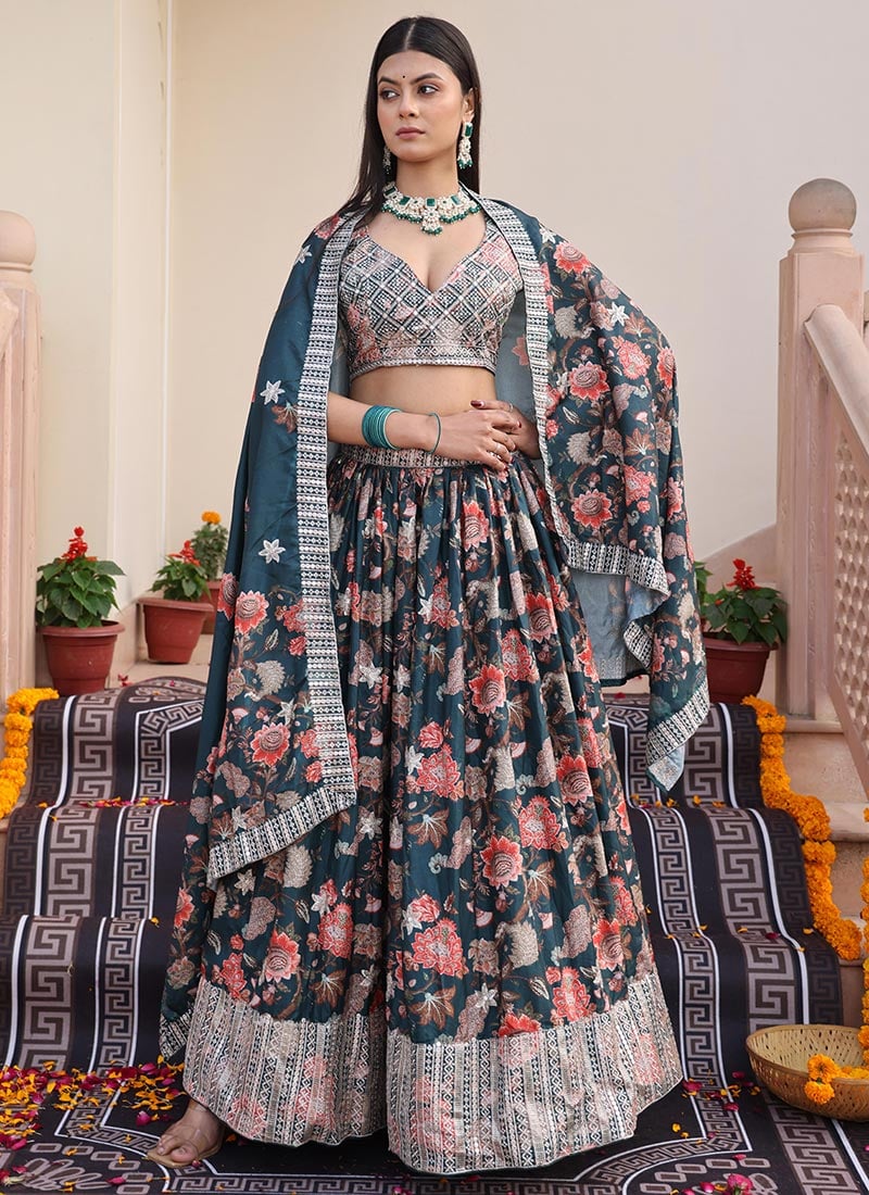 Green Chinon Zari Embroidered Sequins Digital Print Lehenga  Wedding Wear