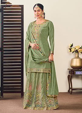 Green Chinon Zari Embroidered Sequins Gorgeous Long Choli Lehenga