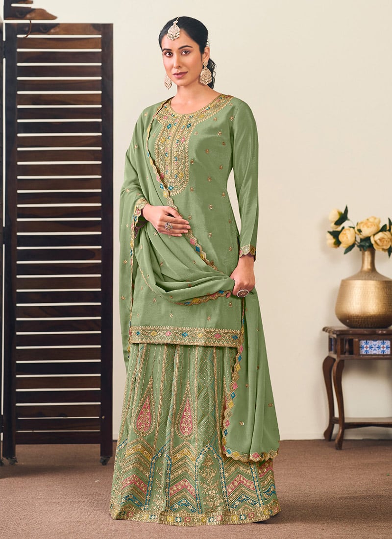 Green Chinon Zari Embroidered Sequins Gorgeous Long Choli Lehenga Wedding Wear