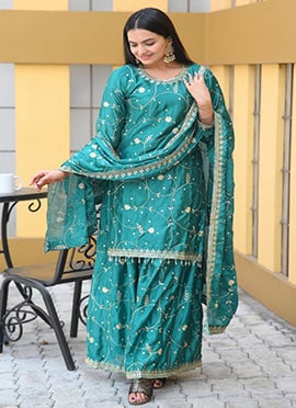 Green Chinon Zari Embroidered Sequins Palazzo Suit