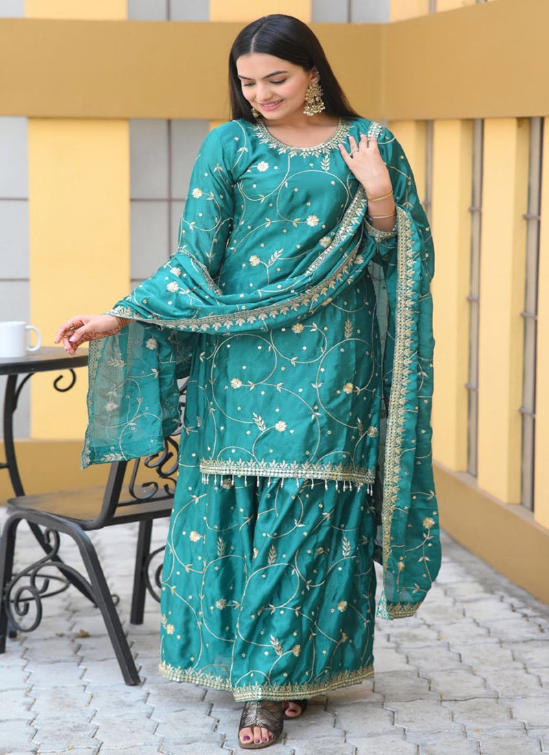 Green Chinon Zari Embroidered Sequins Palazzo Suit Festive Wear