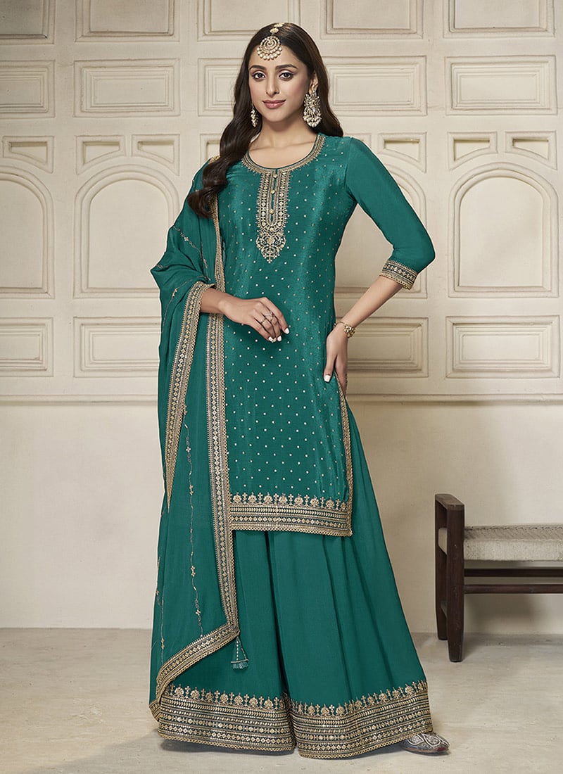 Green Chinon Zari Embroidered Sequins Palazzo Suit