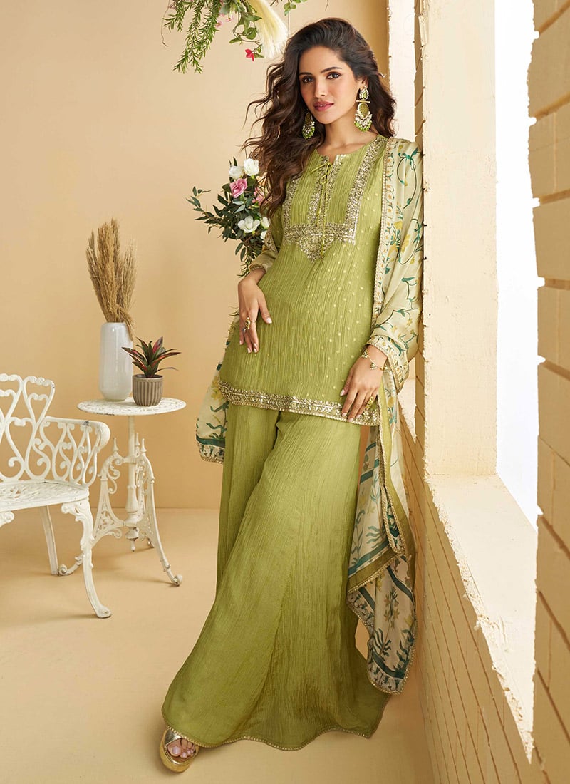 Green Chinon Zari Embroidered Sequins Printed Palazzo Suit Festive Wear