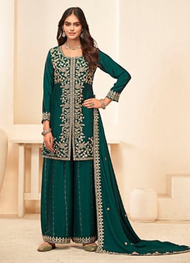Green Chinon Zari Embroidered Sequins With Stone Work High Slit Palazzo Suit