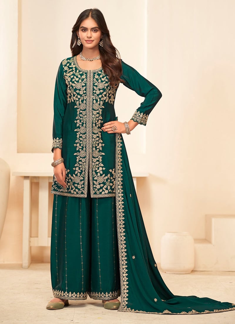 Green Chinon Zari Embroidered Sequins With Stone Work High Slit Palazzo Suit Festive Wear
