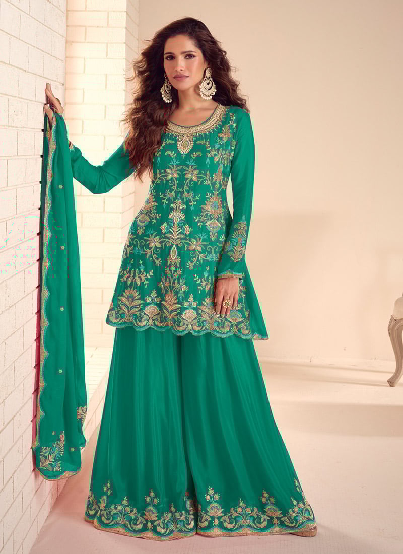 Green Chinon Zari Embroidered With Beads Work Sharara Suit  Festive Wear