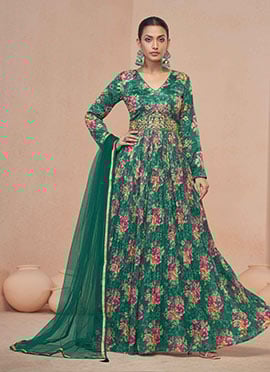 Green Chinon Zari Sequins Beads Printed Anarkali Suit