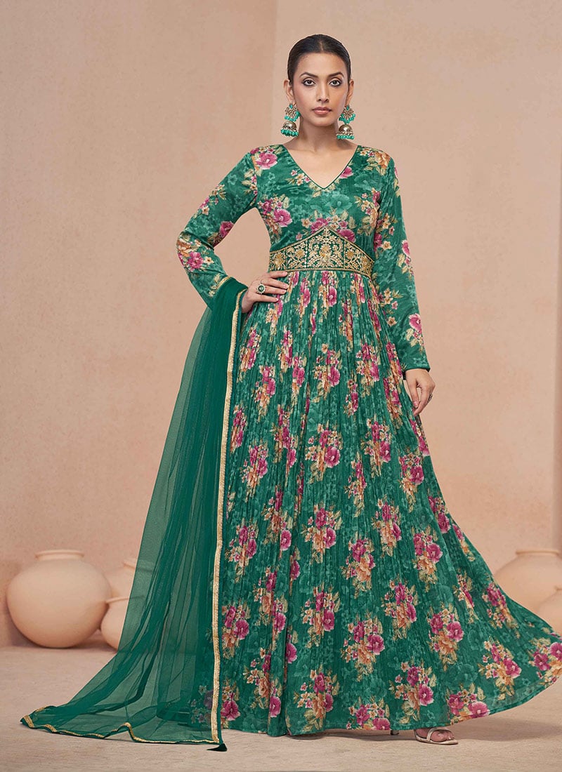 Green Chinon Zari Sequins Beads Printed Anarkali Suit Festive Wear