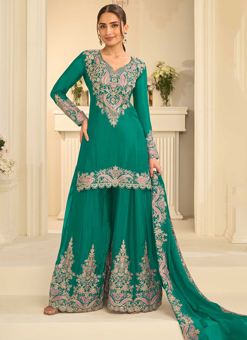 Green Chinon Zari Sequins Palazzo Suit Festive Wear