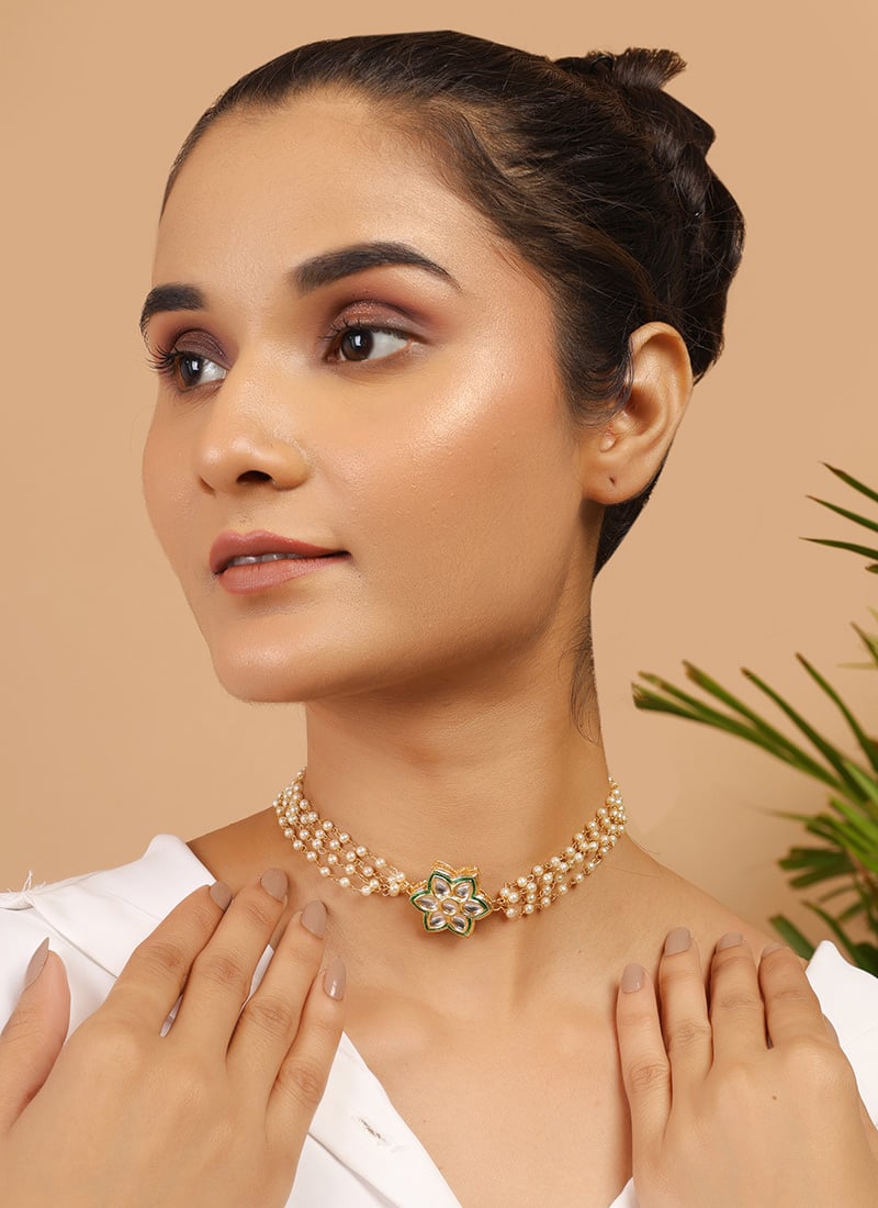 Green Copper Kundan Necklace With Beads Festive Wear