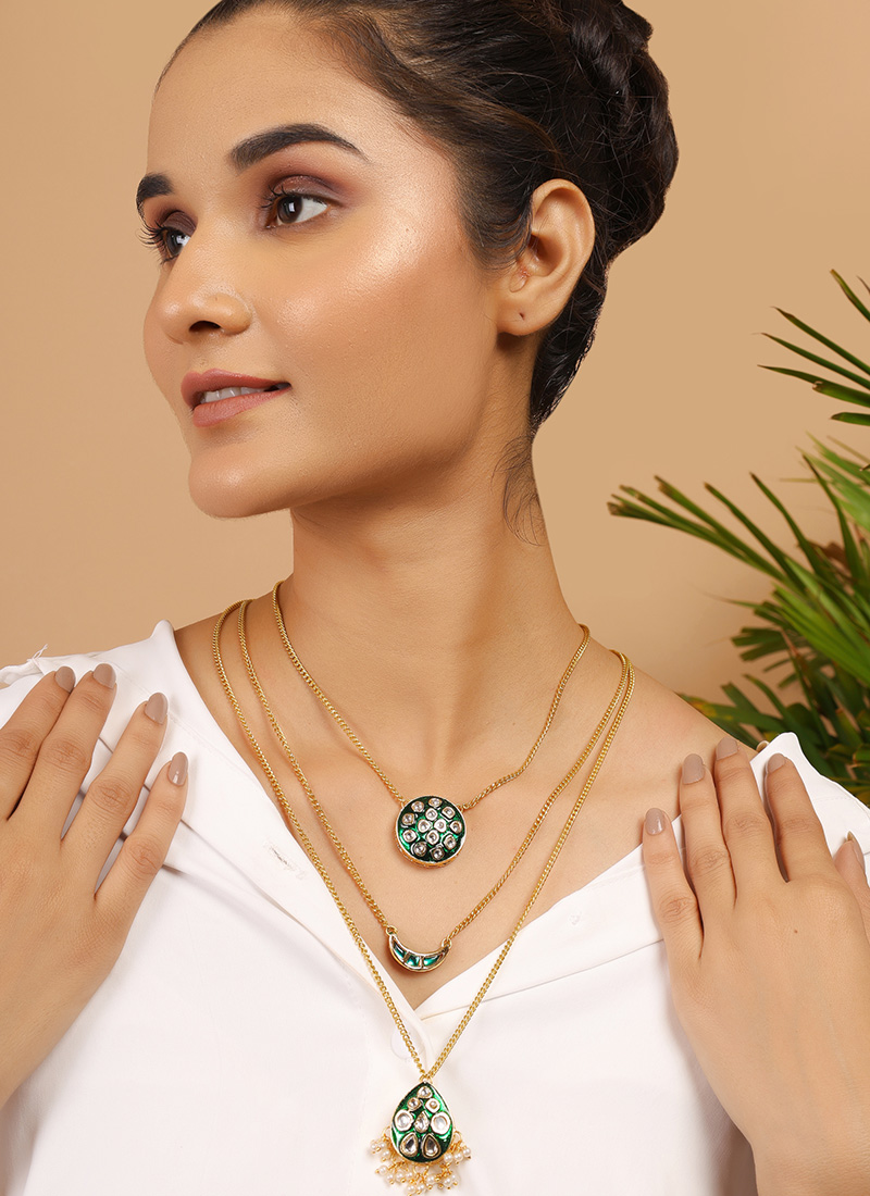 Green Copper Kundan Necklace With Stones Festive Wear