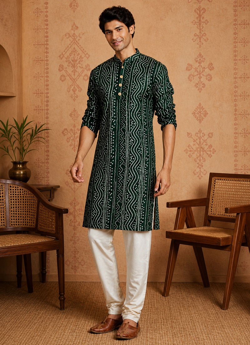 Green Cotton Bandhini Print Kurta For Men