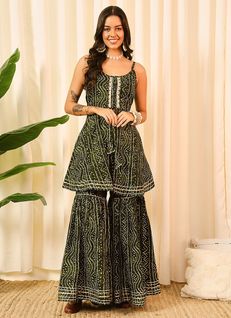 Green Cotton Bandhini Print Kurta Sharara Set After Six Wear