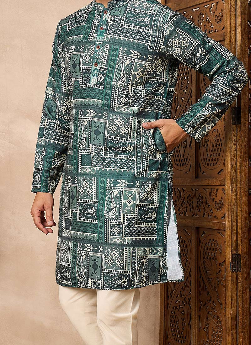Embroidered and Printed Cotton Blend Kurta Pyjama