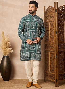 Green Cotton Blend Printed Kurta Pyjama