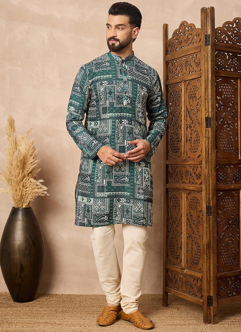 Green Cotton Blend Printed Kurta Pyjama Festive Wear