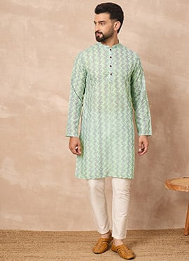 Green Cotton Blend Printed Kurta Pyjama