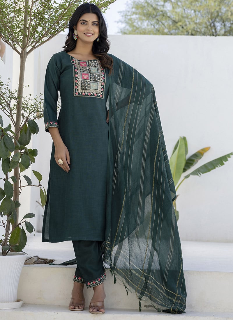Green Cotton Blend Straight Pant Suit With Embroidery Festive Wear