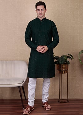 Green Cotton Chikankari Sequins Kurta Pyjama