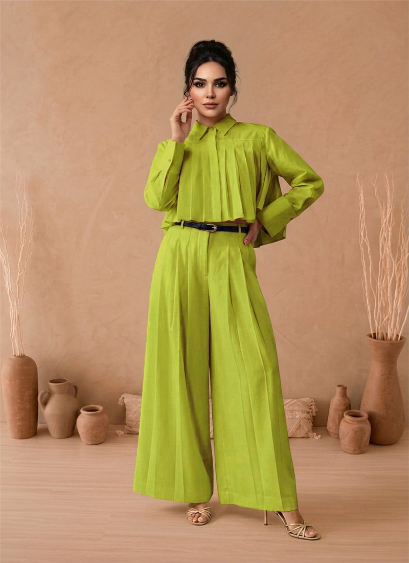 Green Cotton Co Ord Set With Pleated Shirt And Pal After Six Wear