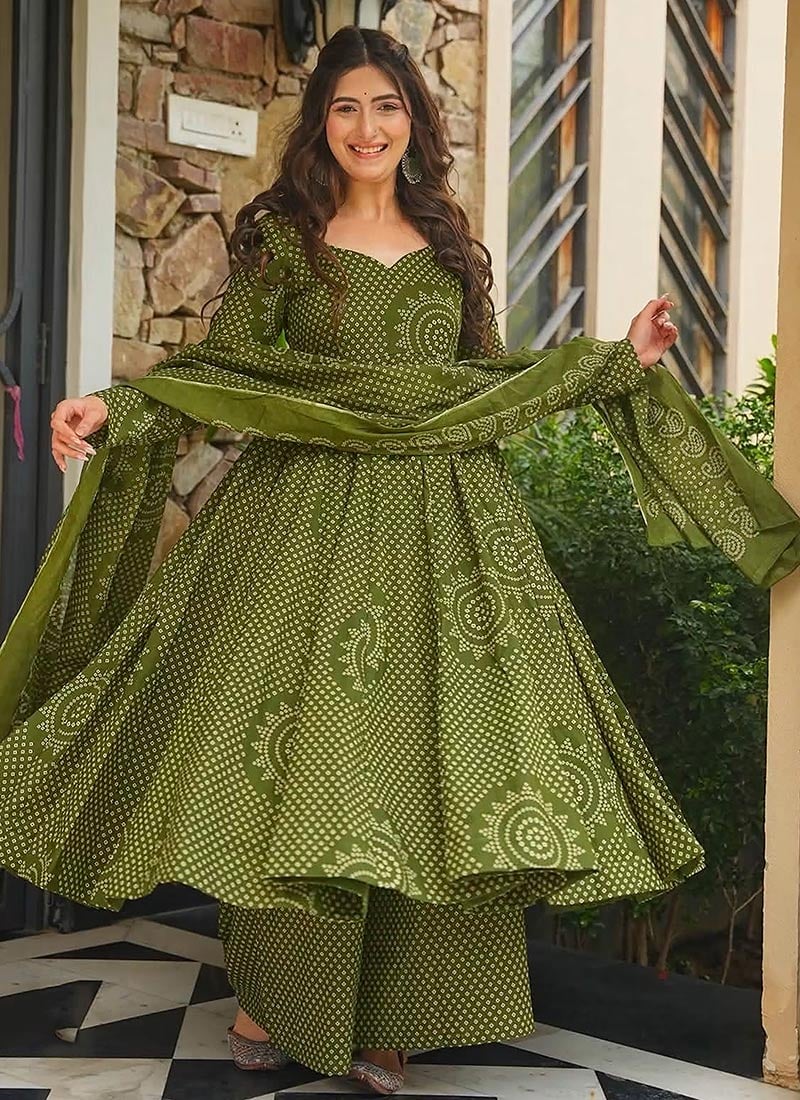 Green Cotton Digital Print Anarkali Suit After Six Wear