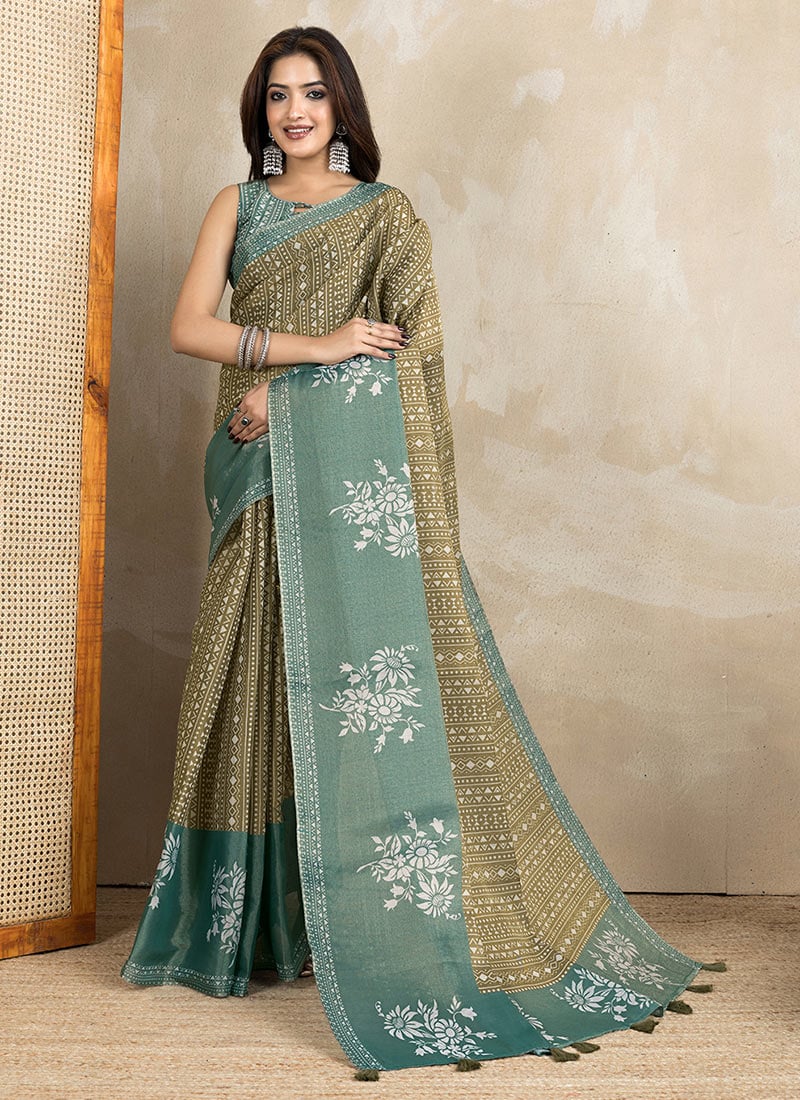Green Cotton Digital Print Saree After Six Wear