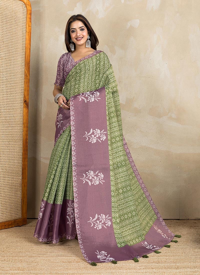 Green Cotton Digital Print Saree After Six Wear